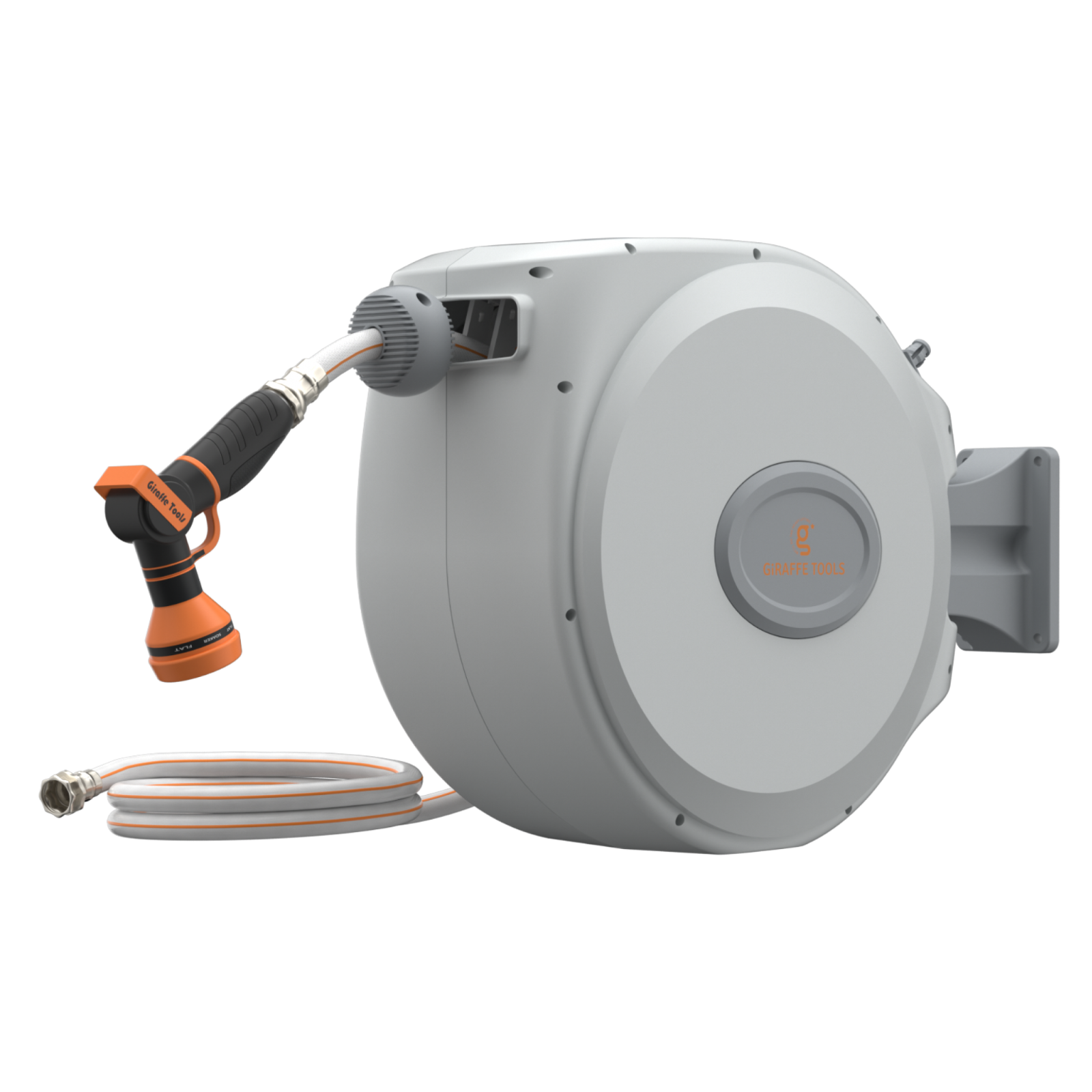 Retractable garden hose reel in light grey on a white background