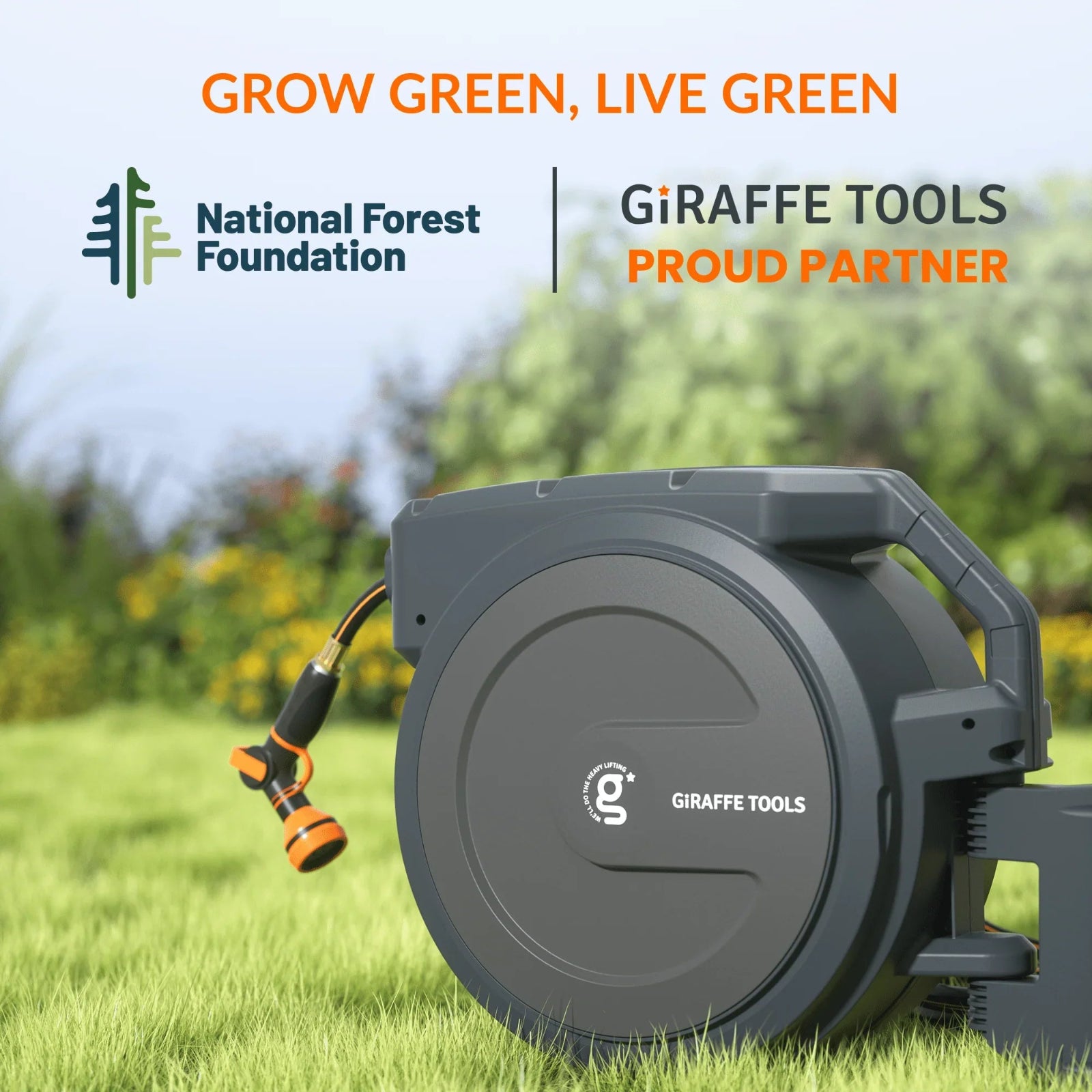 Retractable Garden Hose Reel with National Forest Foundation partnership noted with home landscaping in the background.