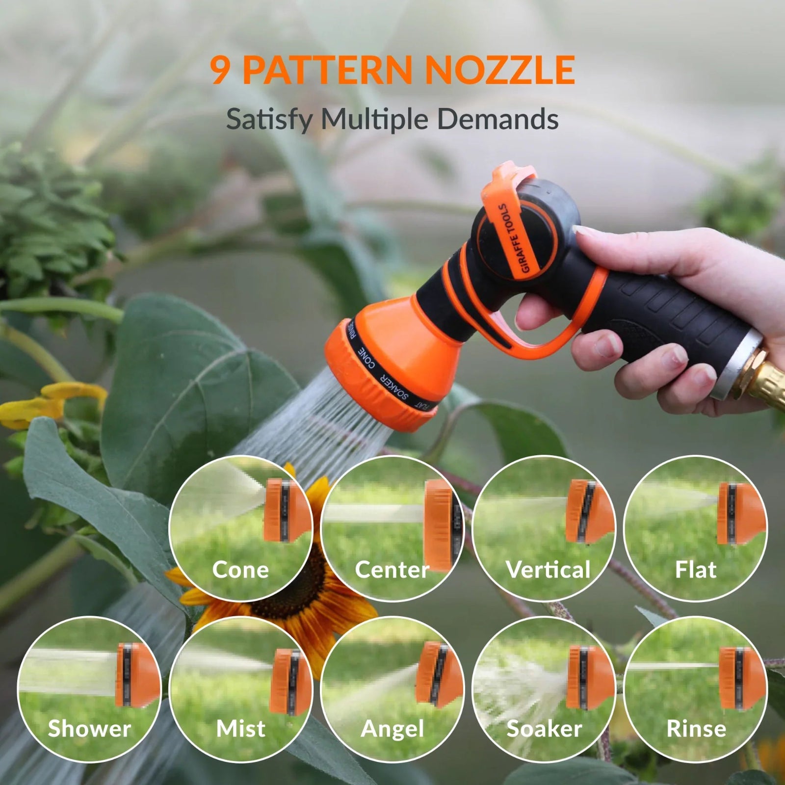 Retractable garden hose nozzle with 9 water pattern illustrations on a white background showing the following patterns: cone, center, vertical, flat, shower, mist, angle, soaker, and rinse.
