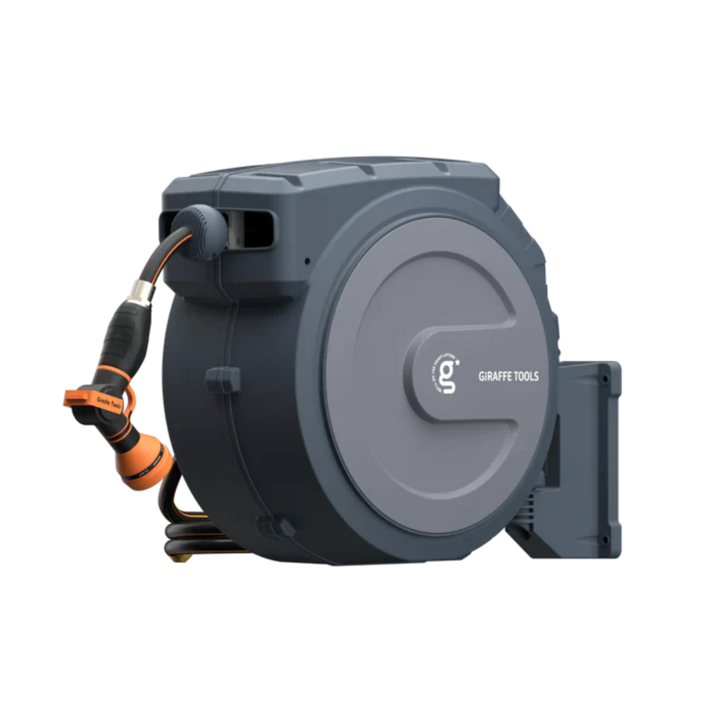 Retractable garden hose reel in grey on a white background