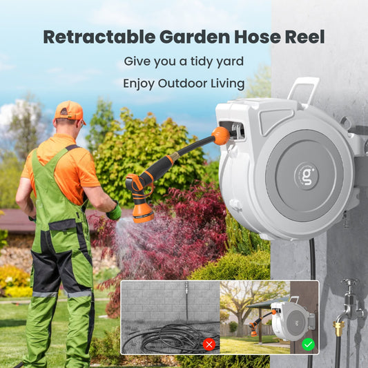 Retractable garden hose reel with a person using it in a garden setting with text indicating it will give you a tidy yard.