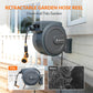 Retractable garden hose reel with a comparison of tidy with the retractable reel vs messy with a hose laying tangled on the ground.