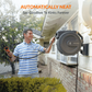 Man using a retractable garden hose with 'Automatically Neat' product display in the background noting product feature of saying goodbye to kinks forever.