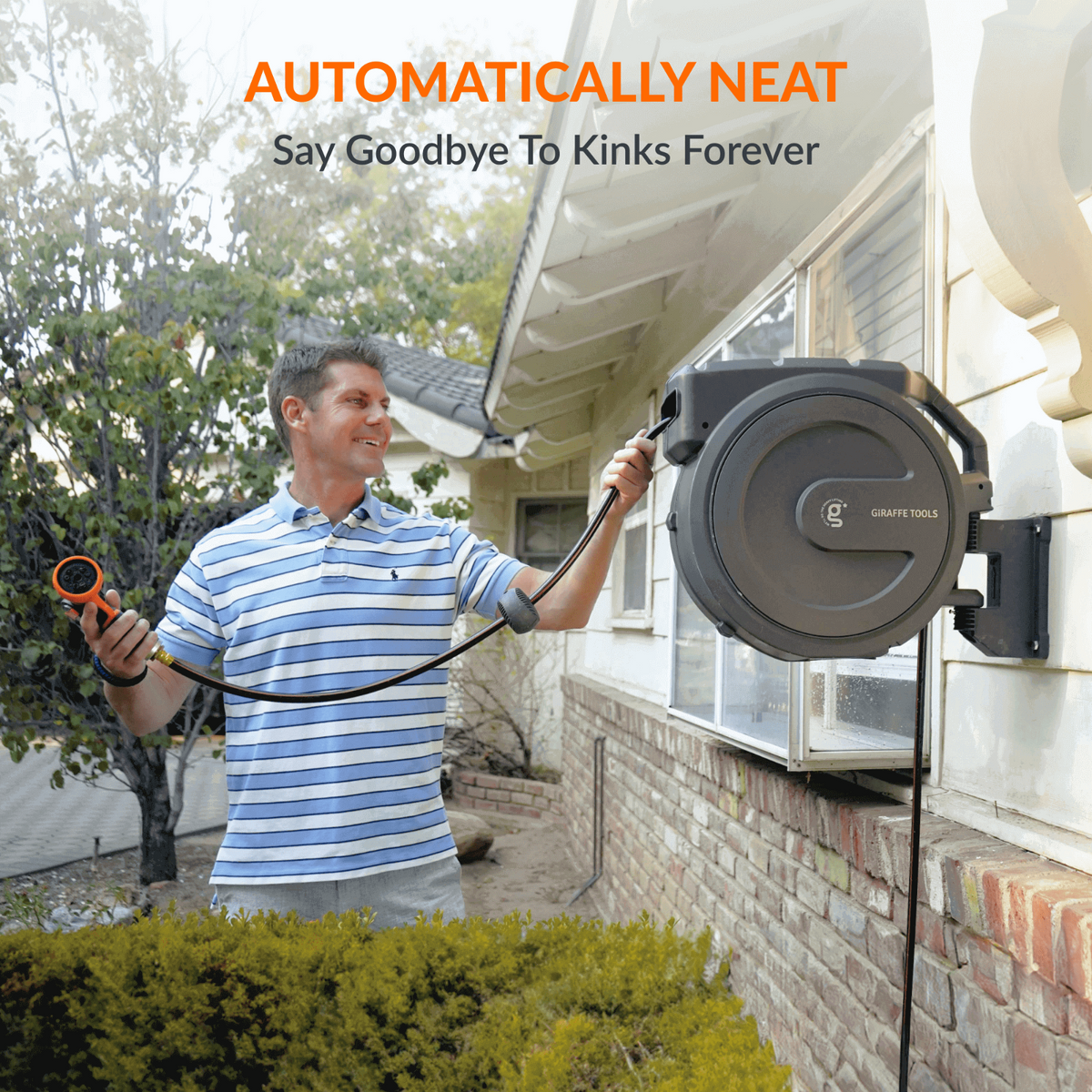 Man using a retractable garden hose with 'Automatically Neat' product display in the background noting product feature of saying goodbye to kinks forever.