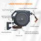 Retractable hose reel on a white background with labeled features including: easy to grip handle, 1/2 inch 78 foot hybrid garden hose, 9-mode nozzle, 1/2 inch 6 foot lead-in hose, fastener kit, mounting bracket, and a split pin in bracket for 180 degree swivel. 