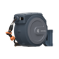 Gray retractable garden hose reel with hose and nozzle on a white background