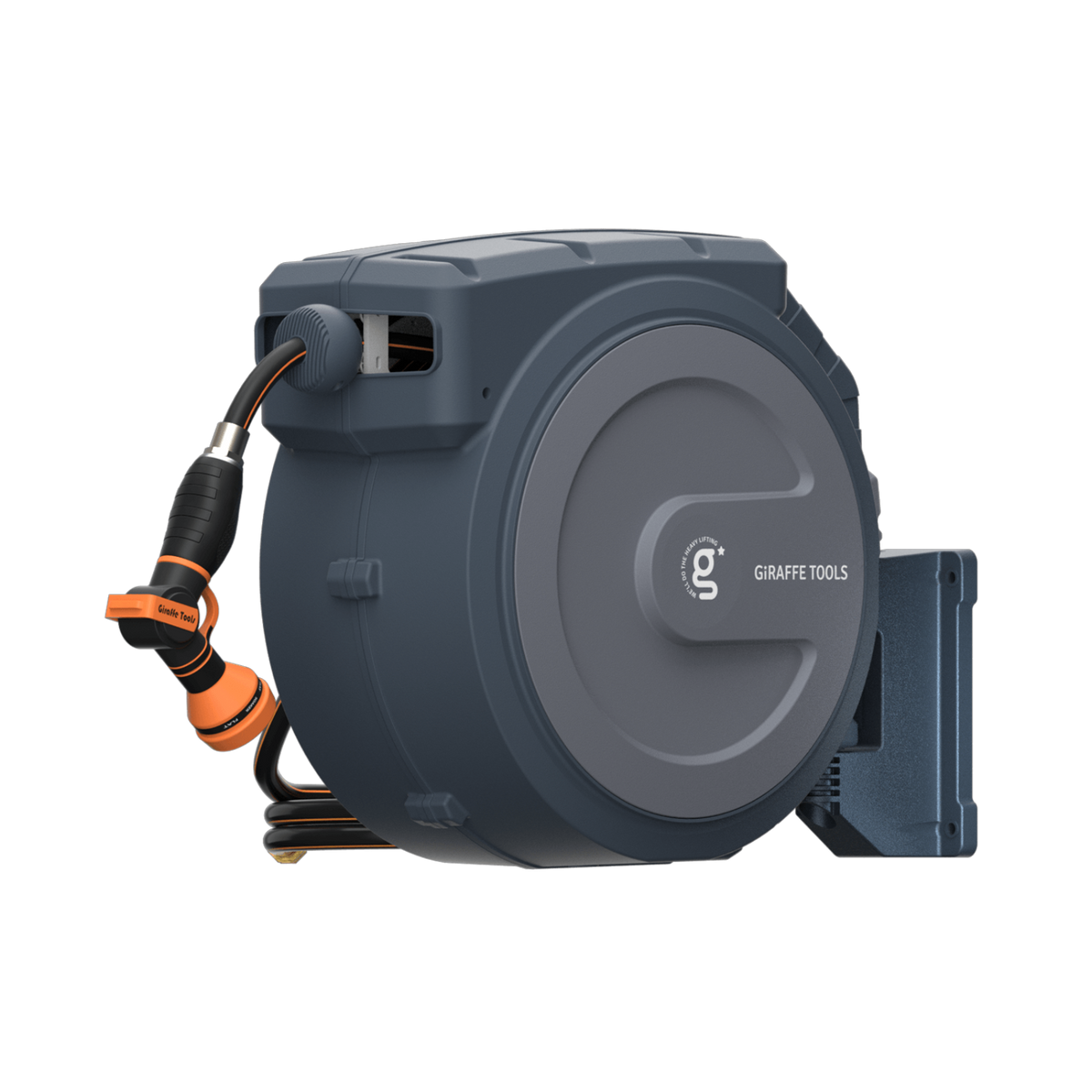 Gray retractable garden hose reel with hose and nozzle on a white background