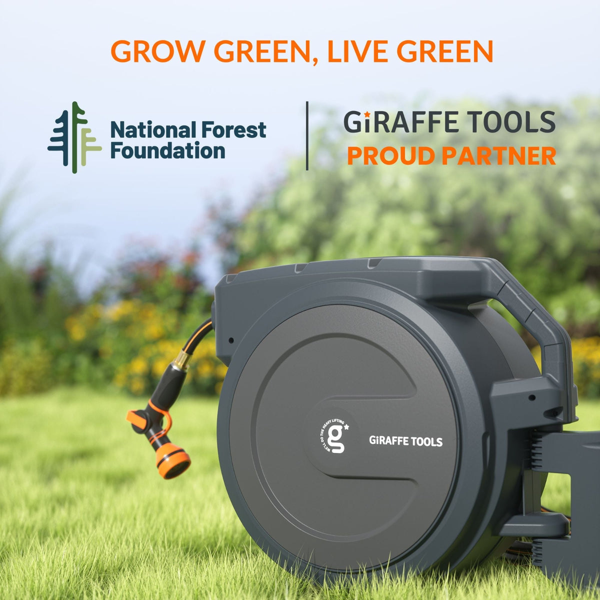 Retractable Garden Hose Reel with National Forest Foundation partnership noted with home landscaping in the background.