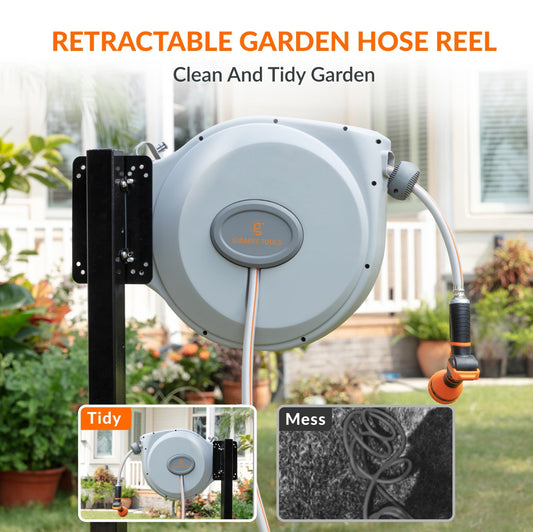 Retractable garden hose reel with garden background, showing tidiness comparison.