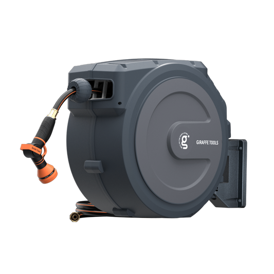 Retractable garden hose reel with hose and nozzle on a white background