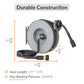Illustration of the retractable pressure hose reel with dimensions and specifications on a white background. The dimensions noted are 12 19/32 inches by 32 25/32 inches by 4 31/32 inches. 
The hose length is 65 feet and 1/4 inch diameter.