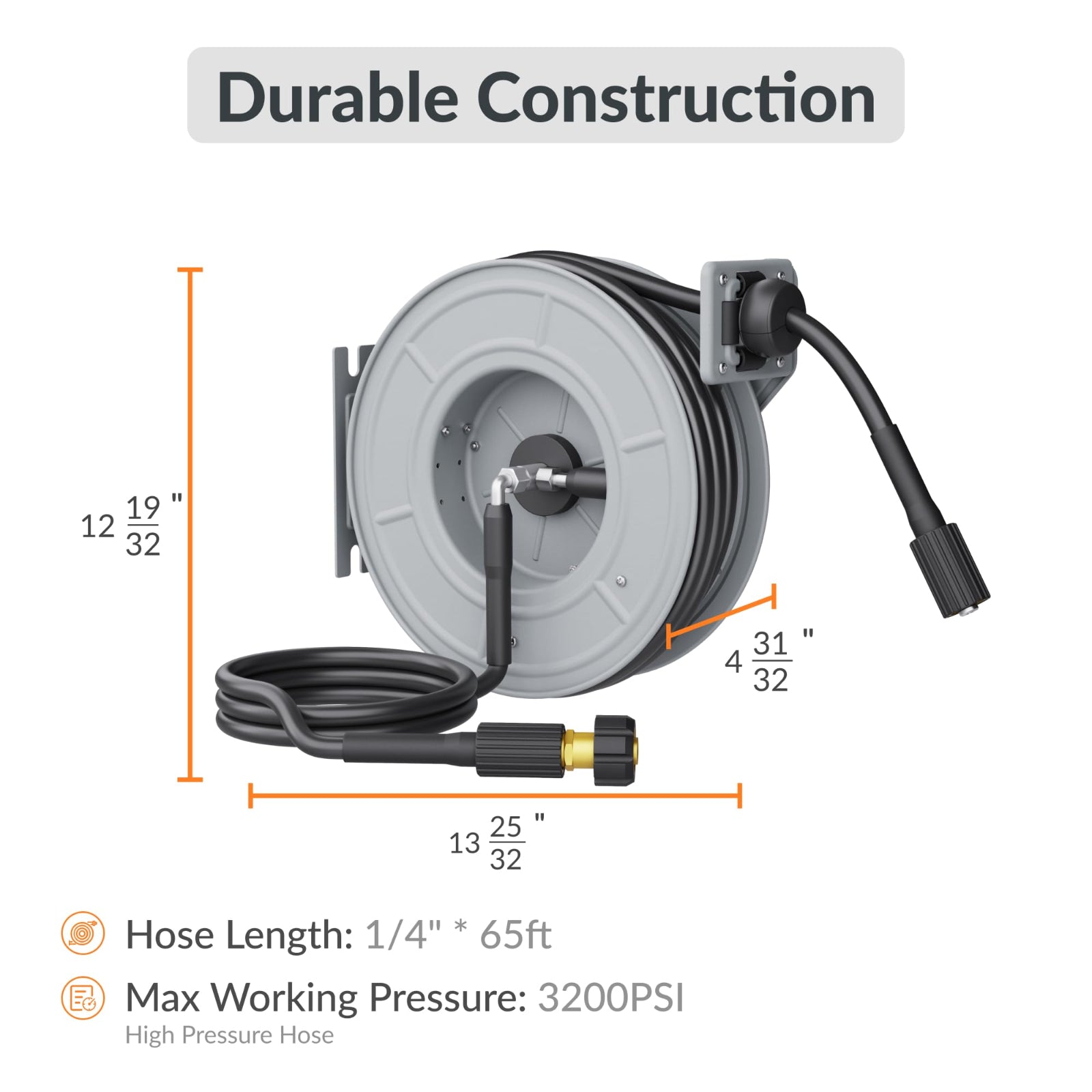 Illustration of the retractable pressure hose reel with dimensions and specifications on a white background. The dimensions noted are 12 19/32 inches by 32 25/32 inches by 4 31/32 inches. 
The hose length is 65 feet and 1/4 inch diameter.