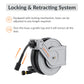 Retractable pressure hose reel on white background with retracting feature explained as follows: equipped with locking mechanism and the hose can be adjusted to any length required. Give the hose a gentle tug and it will retract all of the way.