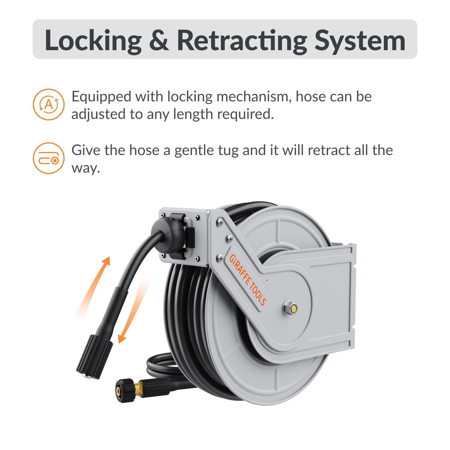 Retractable pressure hose reel on white background with retracting feature explained as follows: equipped with locking mechanism and the hose can be adjusted to any length required. Give the hose a gentle tug and it will retract all of the way.