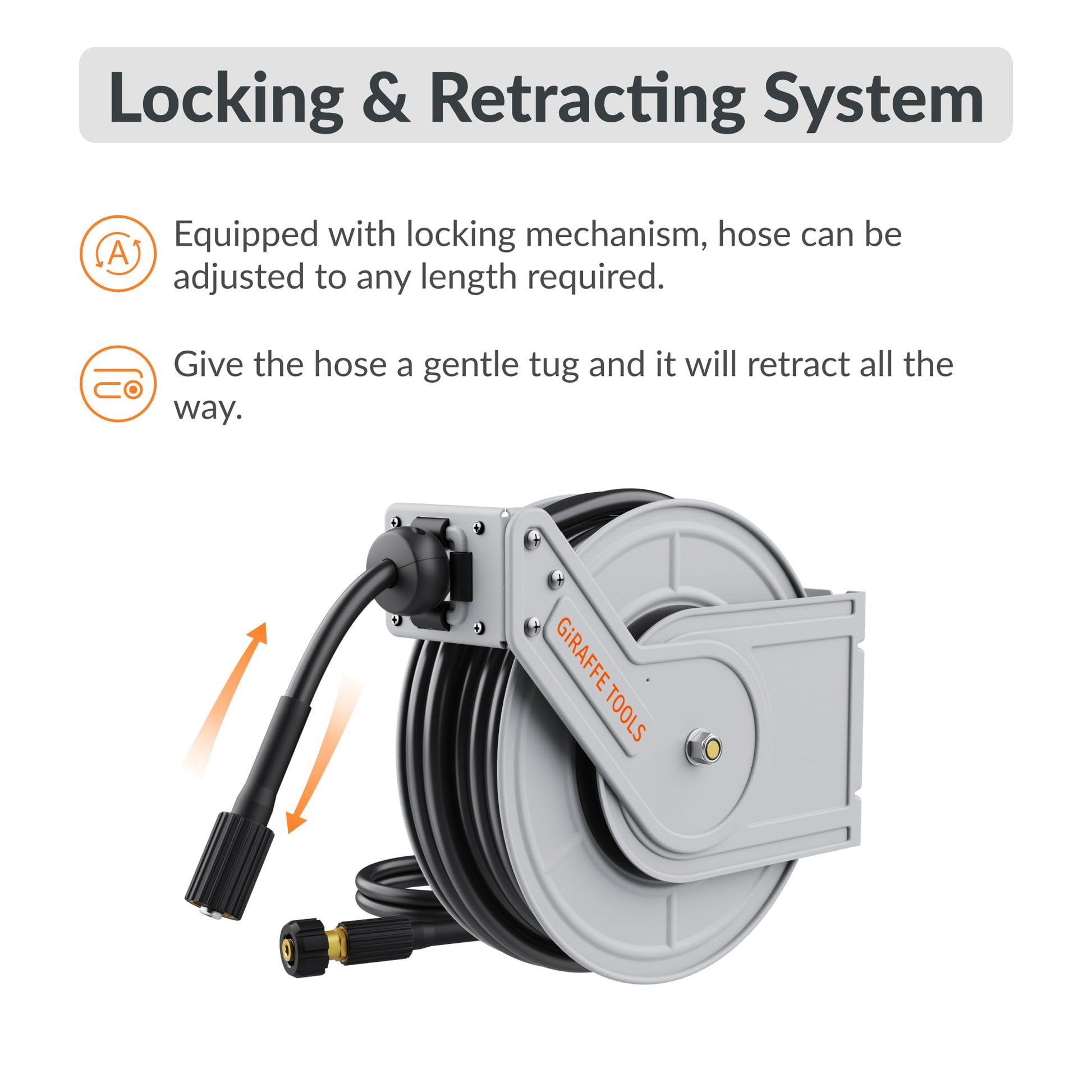 Retractable pressure hose reel on white background with retracting feature explained as follows: equipped with locking mechanism and the hose can be adjusted to any length required. Give the hose a gentle tug and it will retract all of the way.