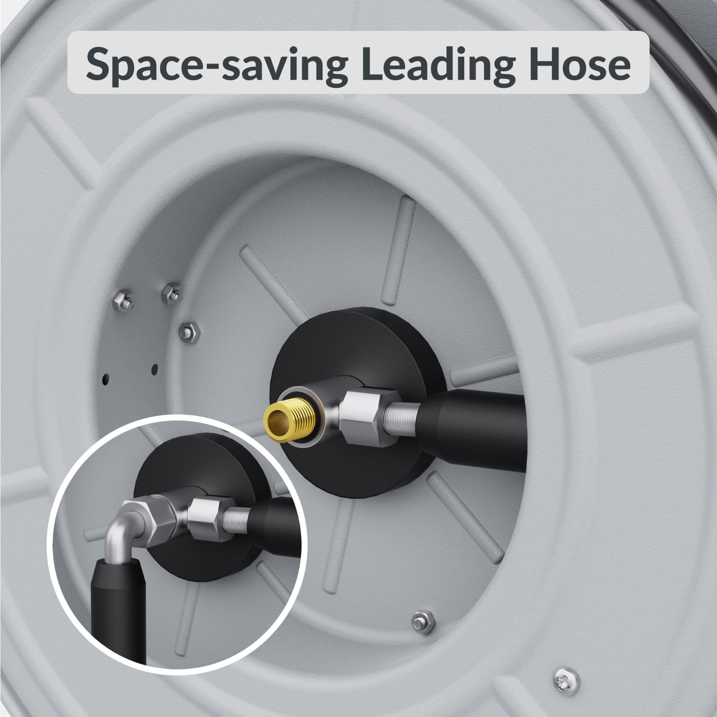 Space-saving leading hose attached to the Retractable pressure hose reel with close-up inset showing connection details.