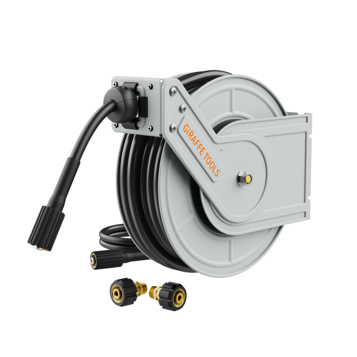 Retractable pressure washer with hose reel and nozzle on a white background