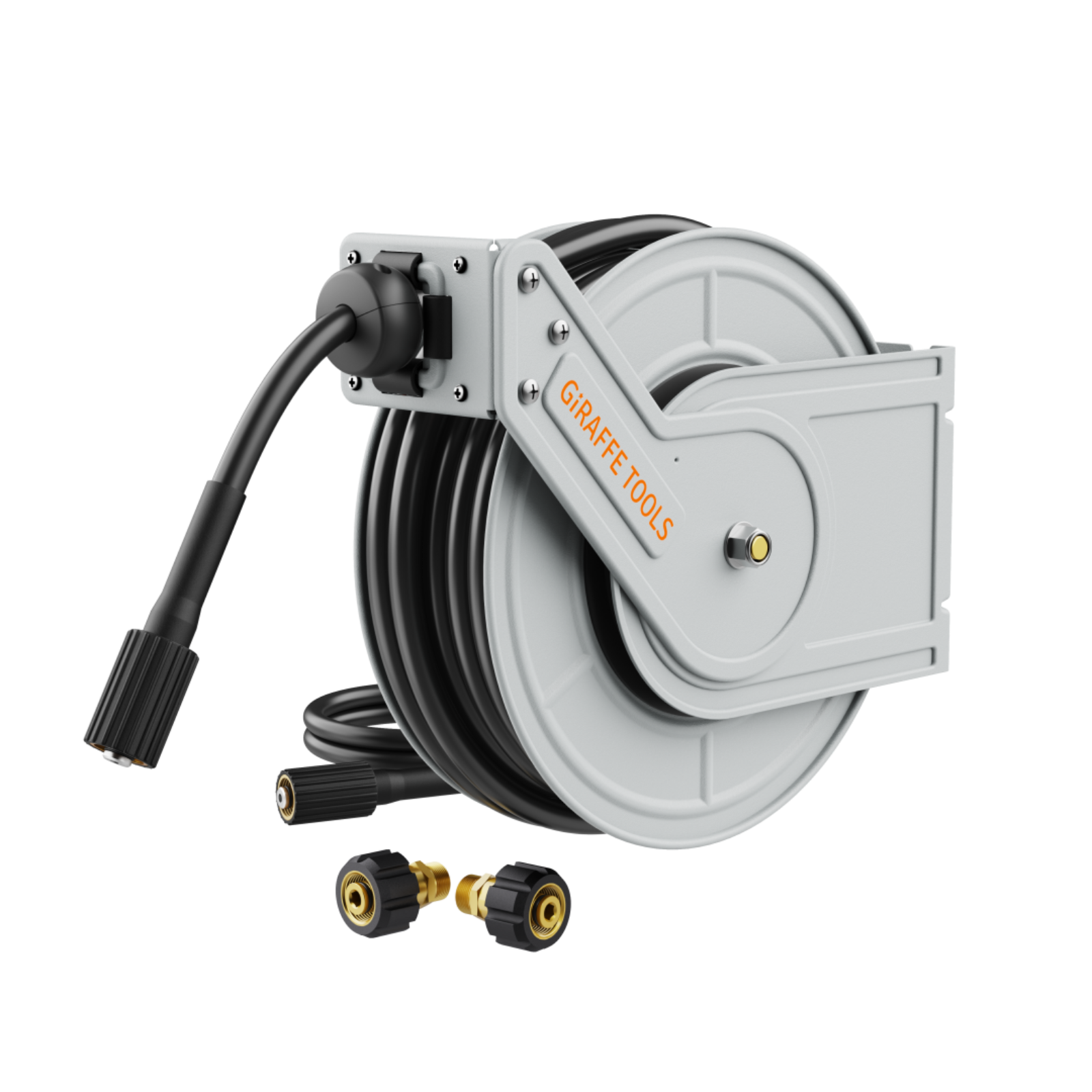 Retractable pressure washer with hose reel and nozzle on a white background