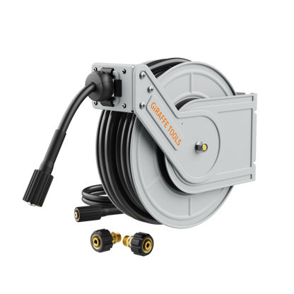 Retractable pressure washer with hose reel and nozzle on a white background