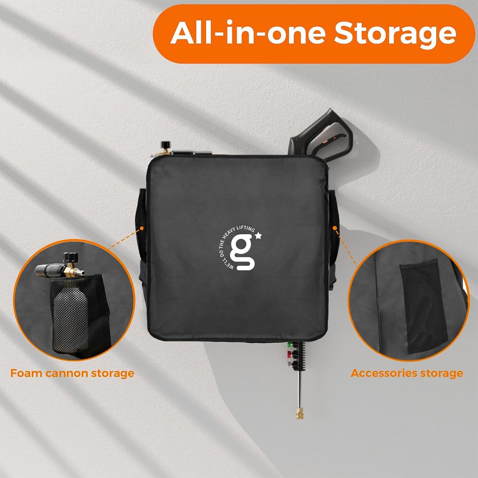 Retractable Pressure Washer Cover with noted features of all in one storage including foam cannon storage and accessories storage pouches.