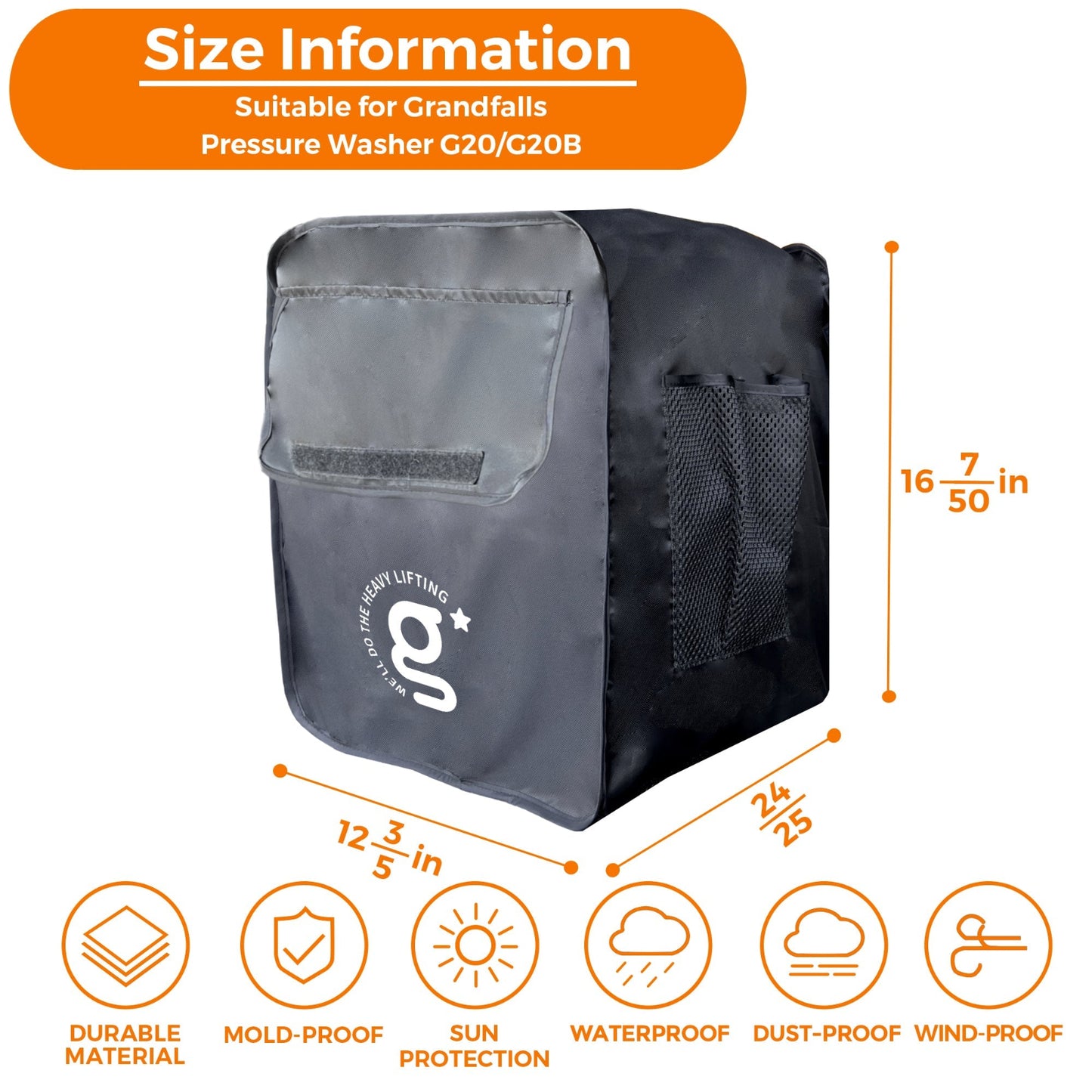 Retractable Pressure Washer with dimensions of 12 3/5 inch by 24/25 inch, by 16 7/50 inch and the following features listed: durable material, mold-proof, sun protection, waterproof, dust-proof, wind-proof for the Grandfalls G20 and G20B models.