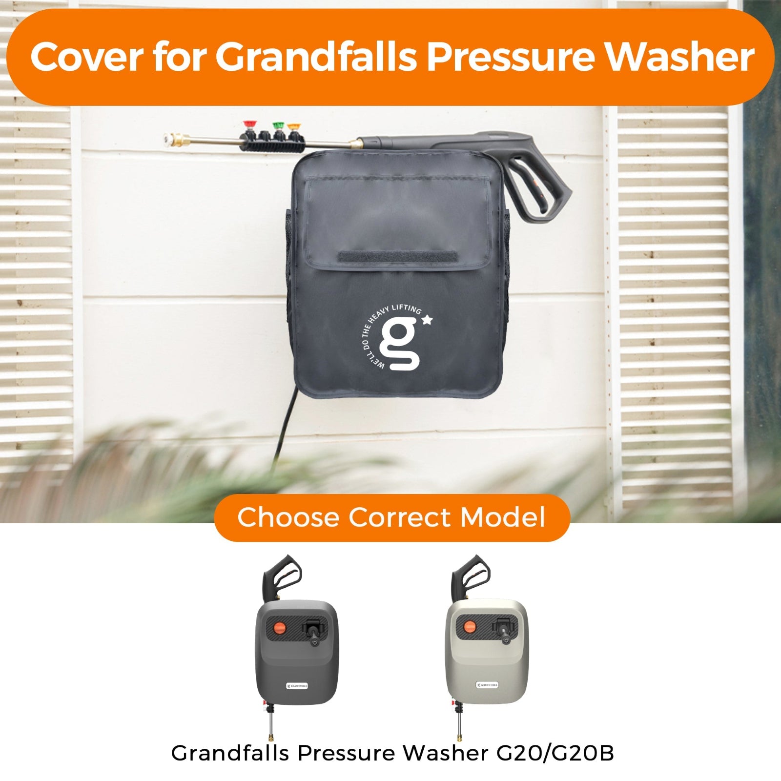Cover for Grandfalls Pressure Washer with G product models displayed below, the G20 and G20B.