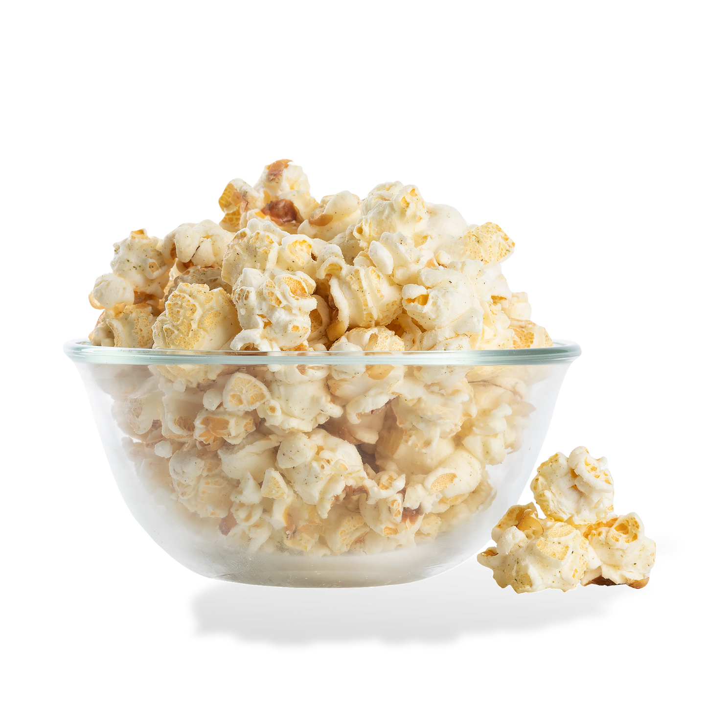 Rosemary Parmesan Popcorn popped in a bowl on a white background