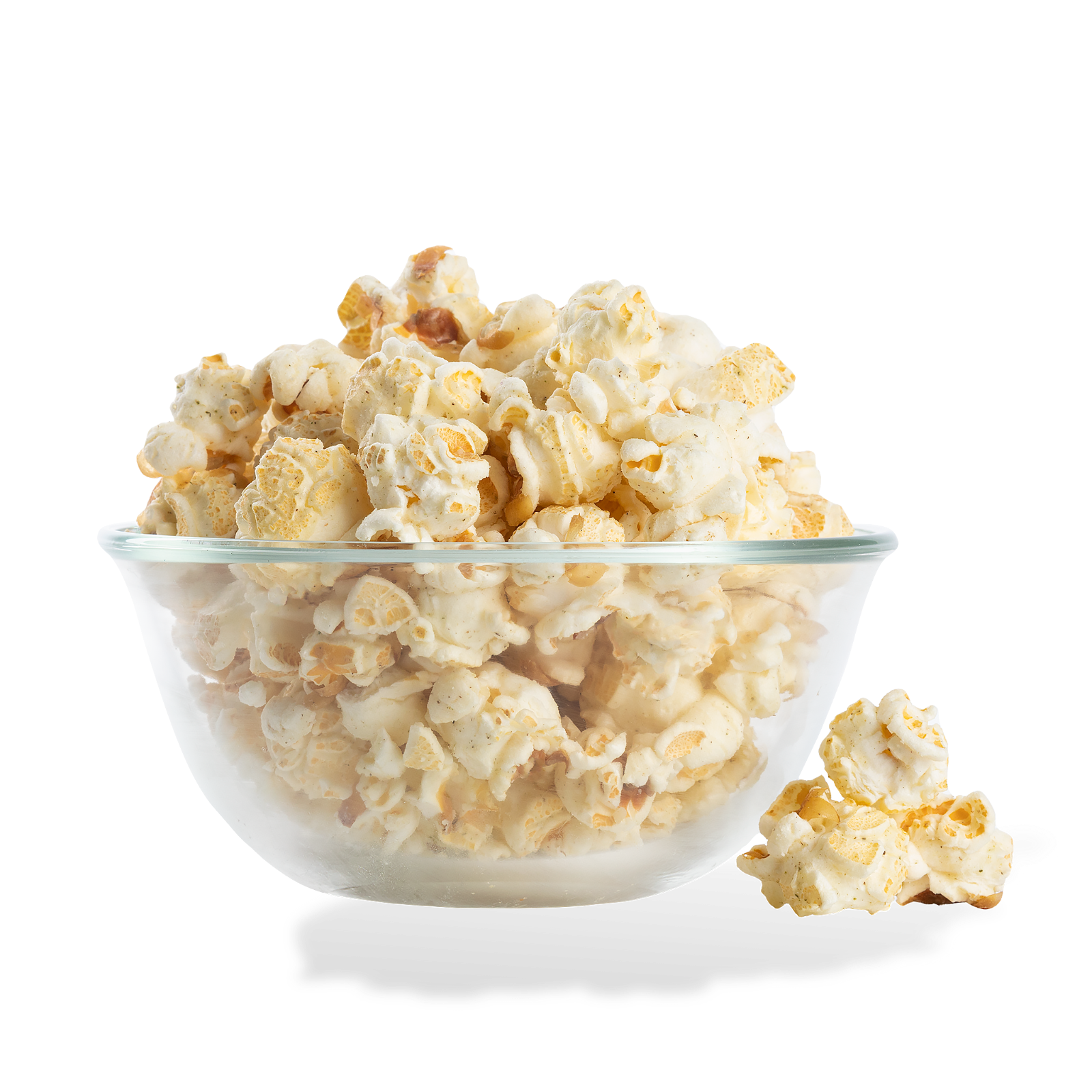 Rosemary Parmesan Popcorn popped in a bowl on a white background