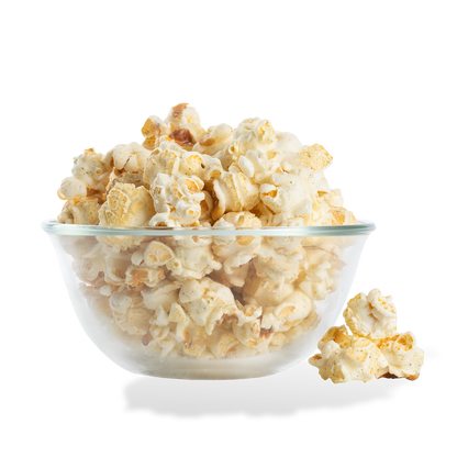 Rosemary Parmesan Popcorn popped in a bowl on a white background
