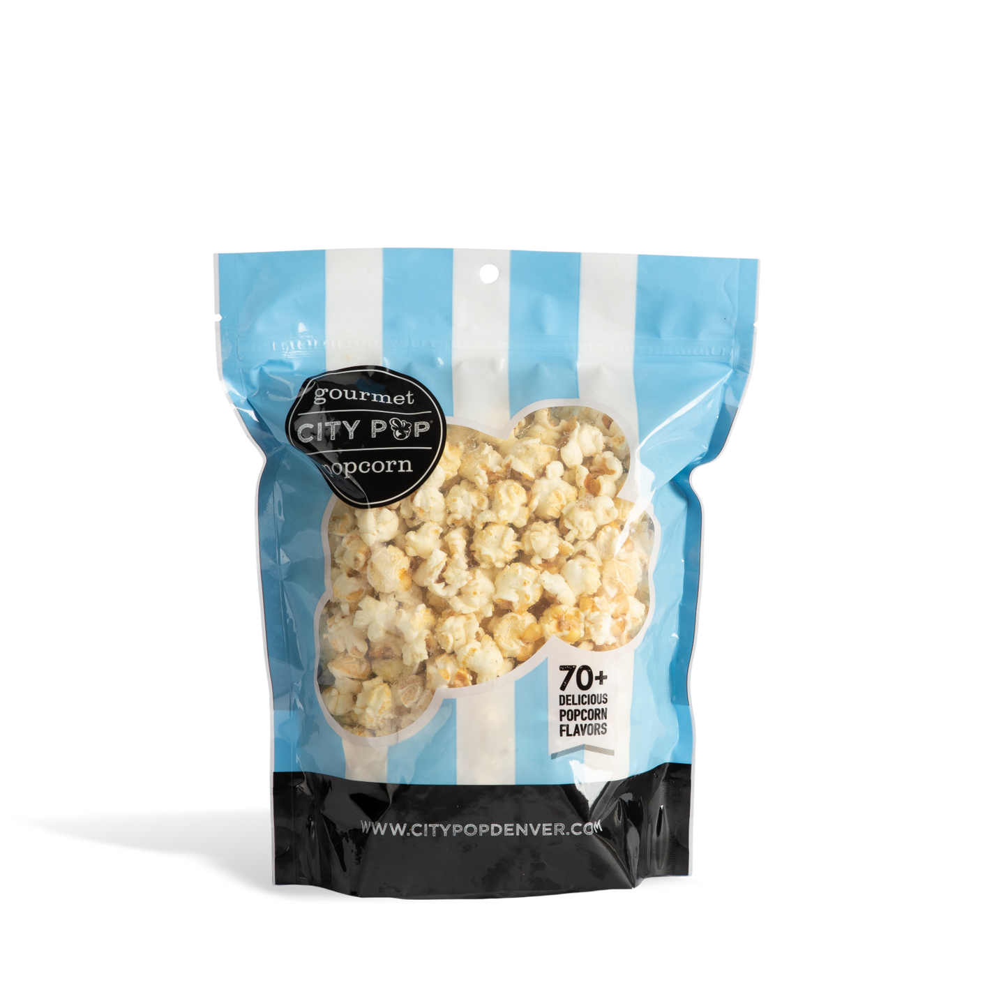 Bag of City Pop Rosemary Parmesan popcorn with blue and white striped design on a white background