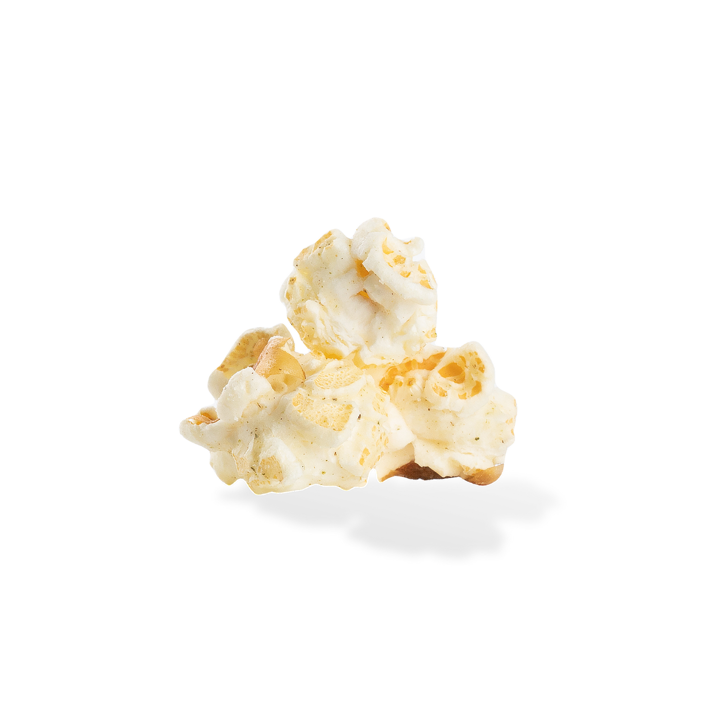 Three pieces of Rosemary Parmesan popcorn on a white background