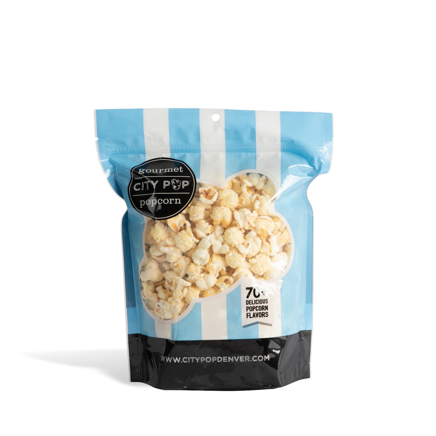 Bag of City Pop Salt and Vinegar popcorn with blue and white striped design on a white background