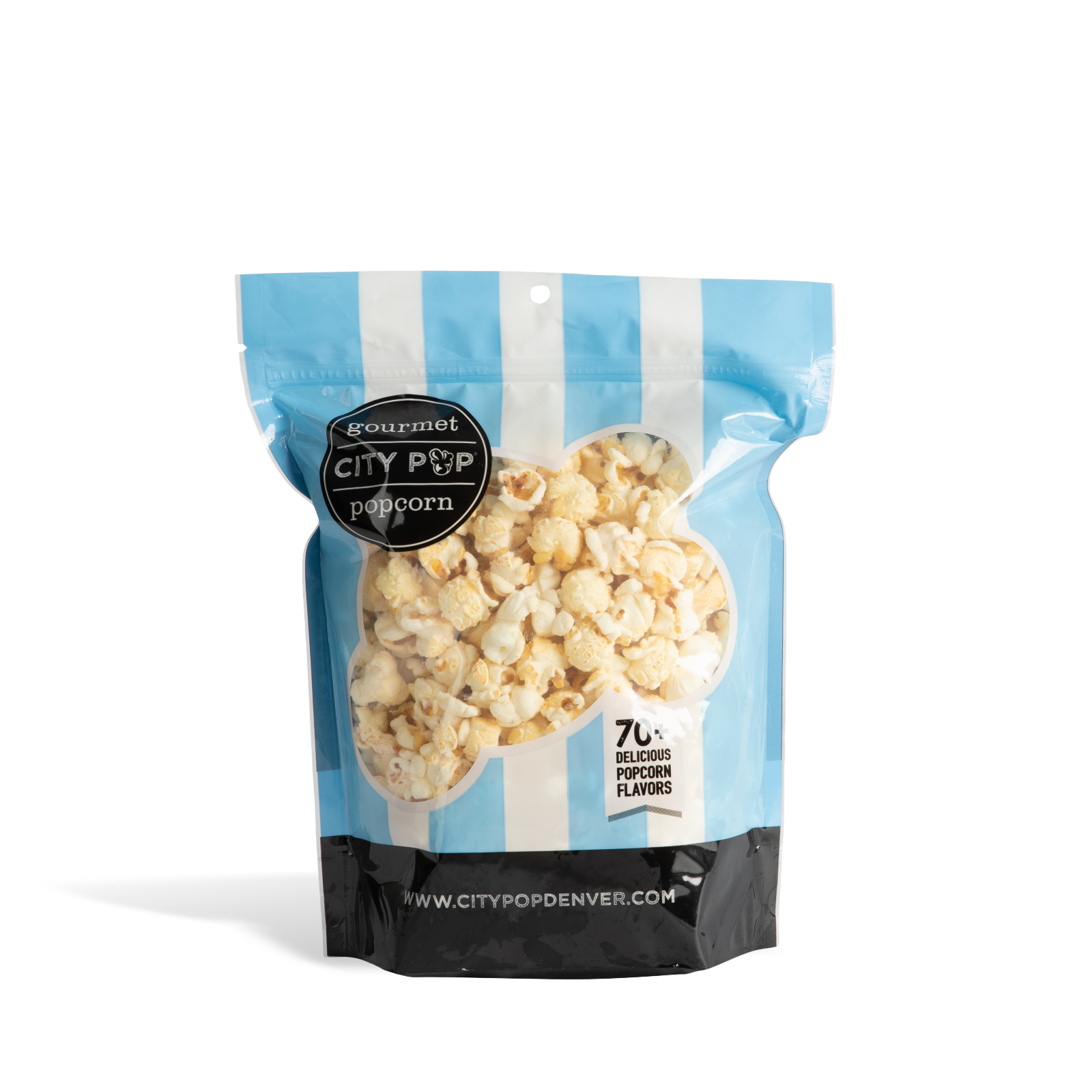 Bag of City Pop Salt and Vinegar popcorn with blue and white striped design on a white background