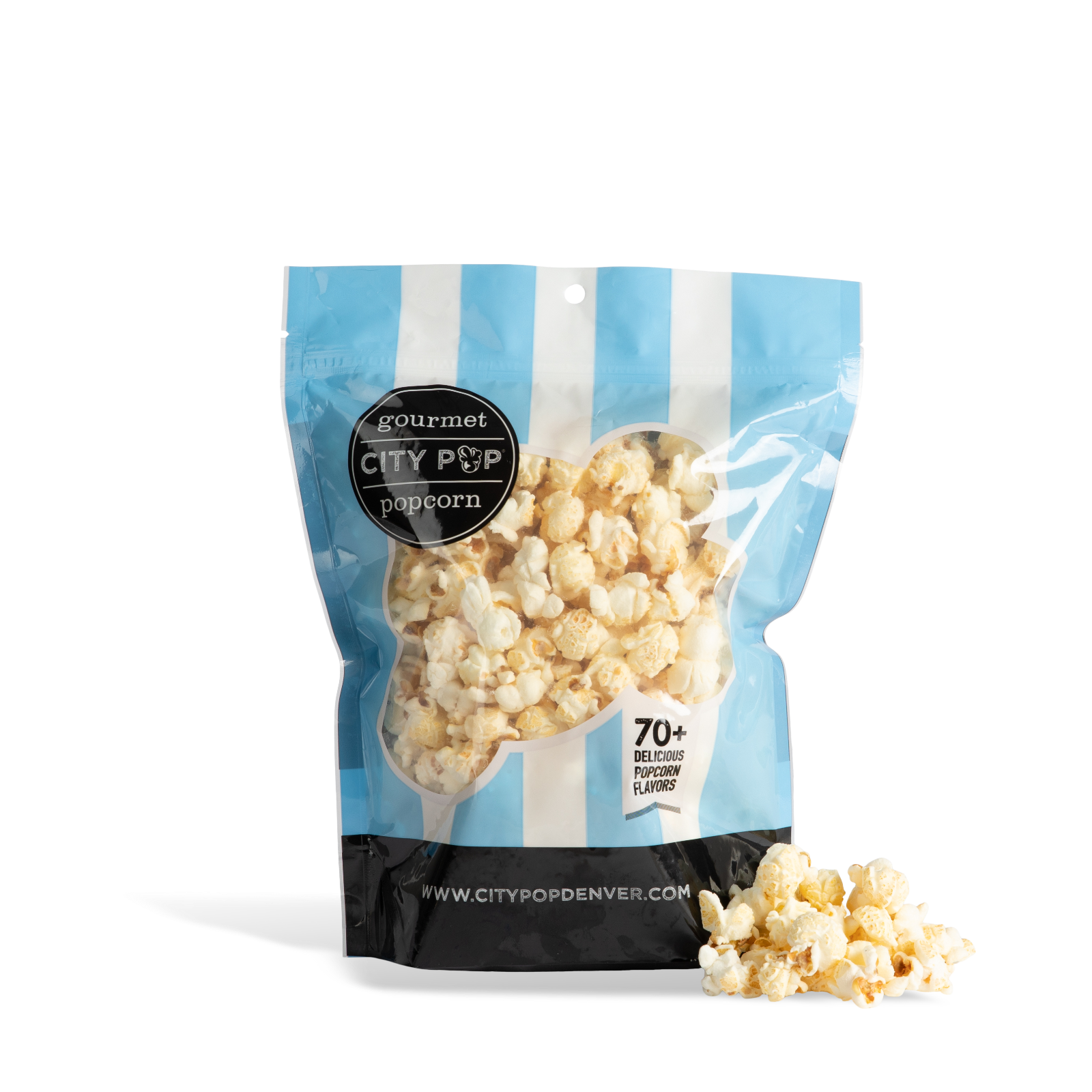 Bag of City Pop Salt and Vinegar popcorn with visible branding on a white background