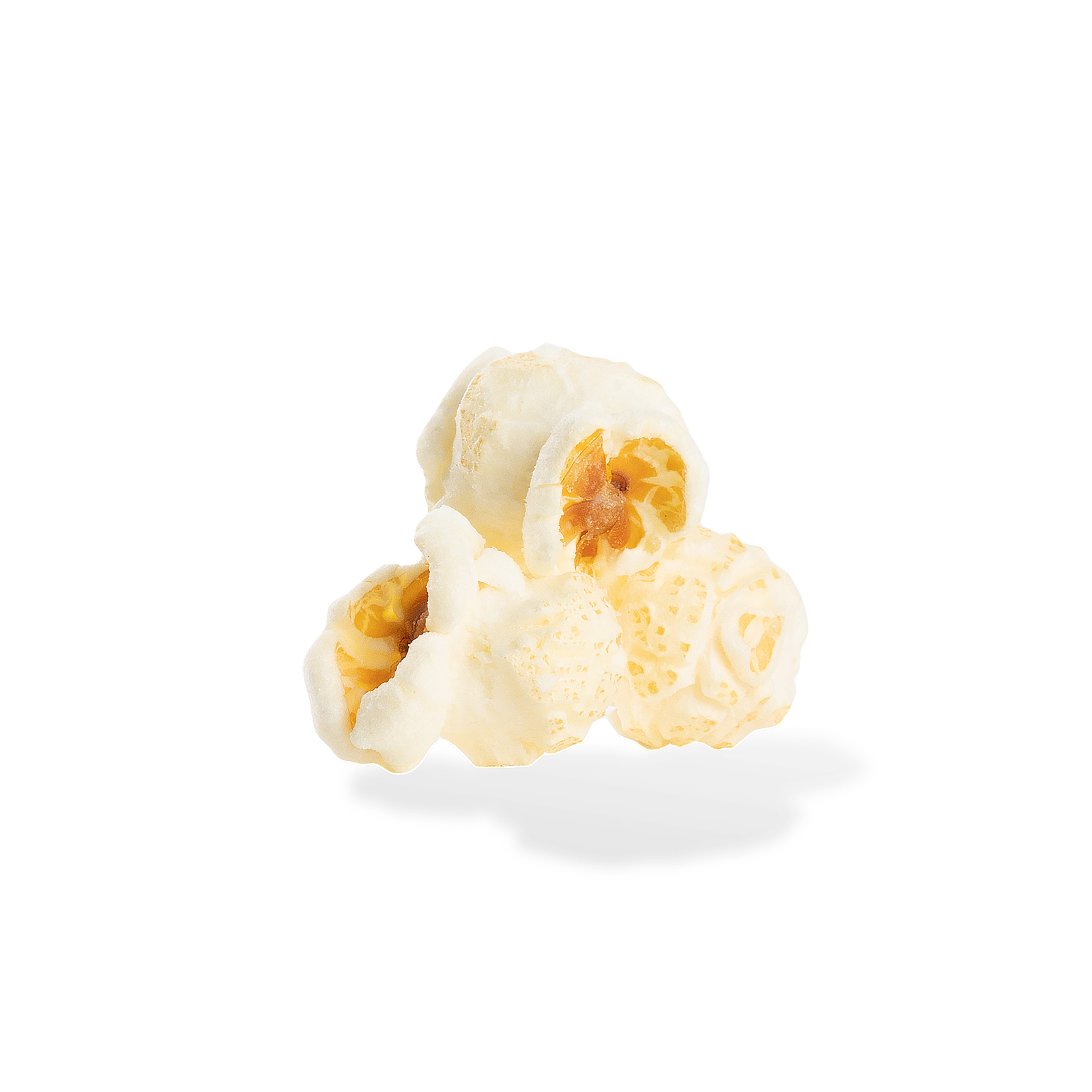 Three pieces of Salt and Vinegar popcorn on a white background