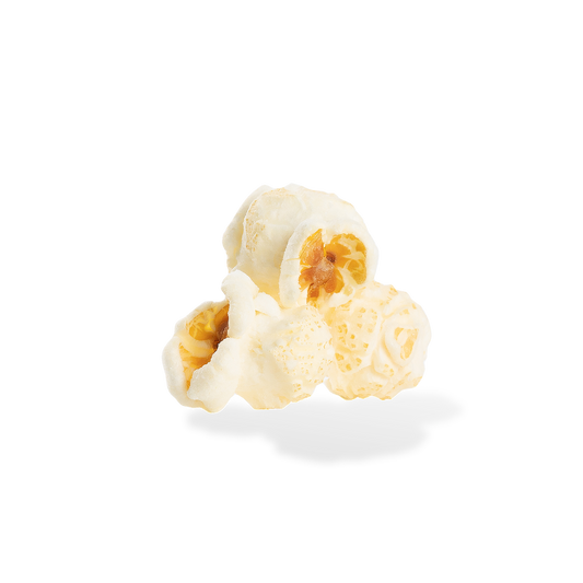 Three pieces of Salt and Vinegar popcorn on a white background
