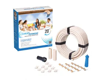 Clear breeze home misting system kit with packaging on a white background