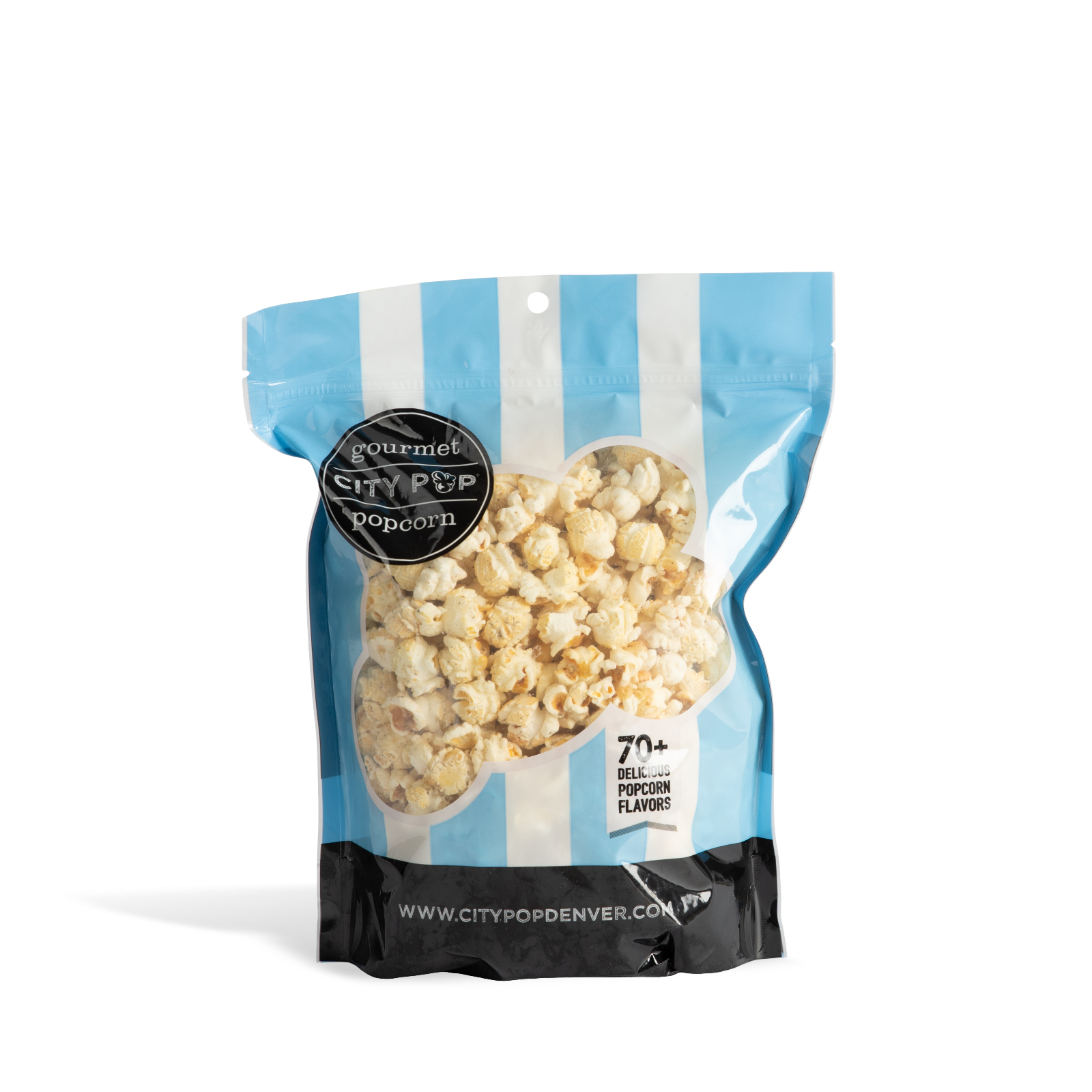 Bag of City Pop Sea Salt Cracked Pepper popcorn with blue and white striped design on a white background