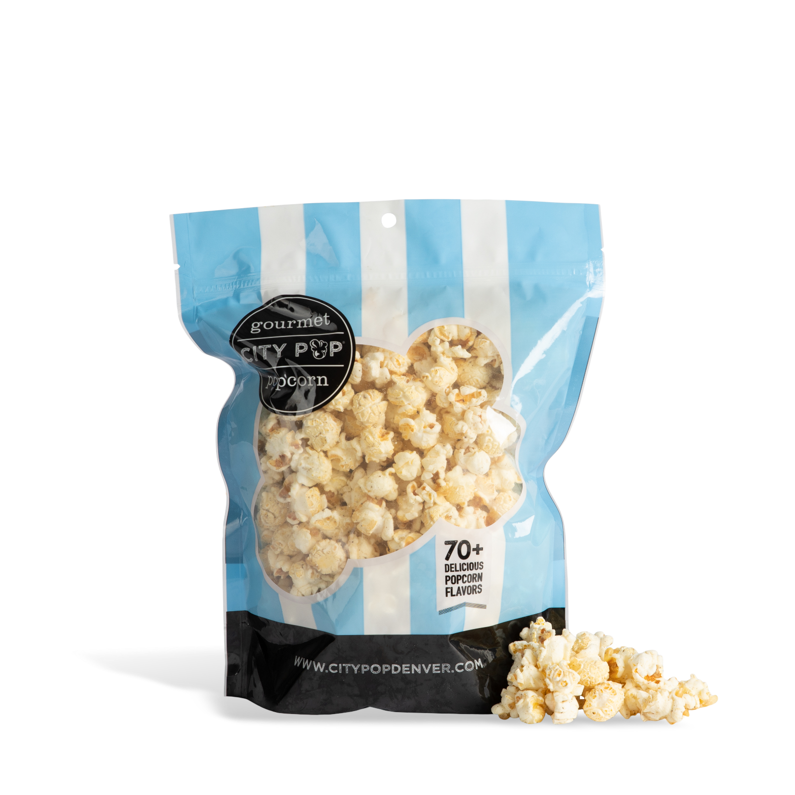 Bag of City Pop Sea Salt and Cracked Pepper popcorn with visible branding on a white background