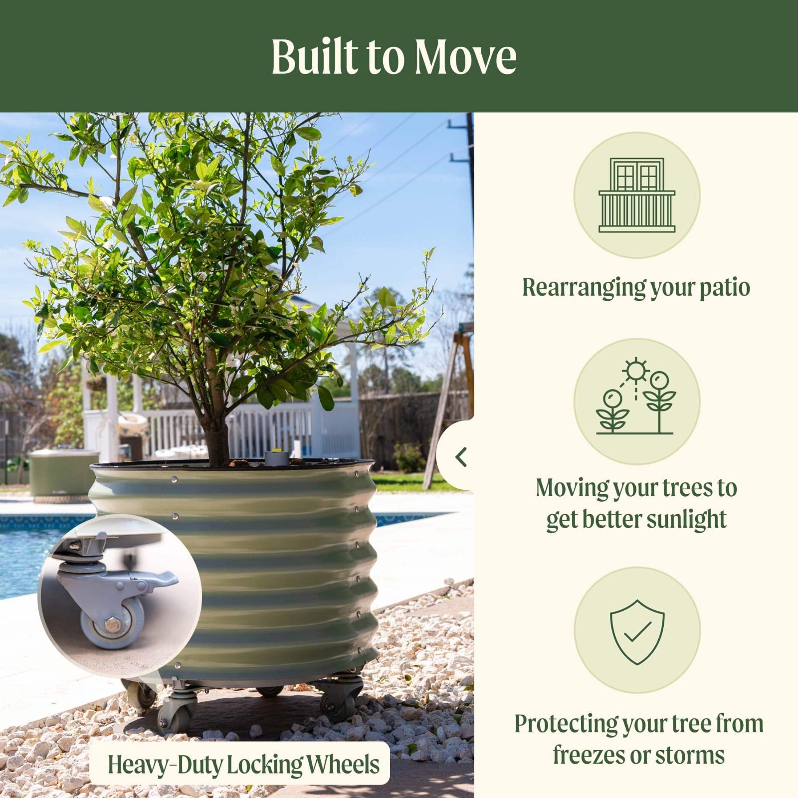 A self-watering rolling citrus tree planter with a lemon tree planted and text overlay outlining the benefits of the planter, including: heavy-duty locking wheels, rearrange your patio, move your trees to get better sunlight, and protecting your tree from freezes or storms