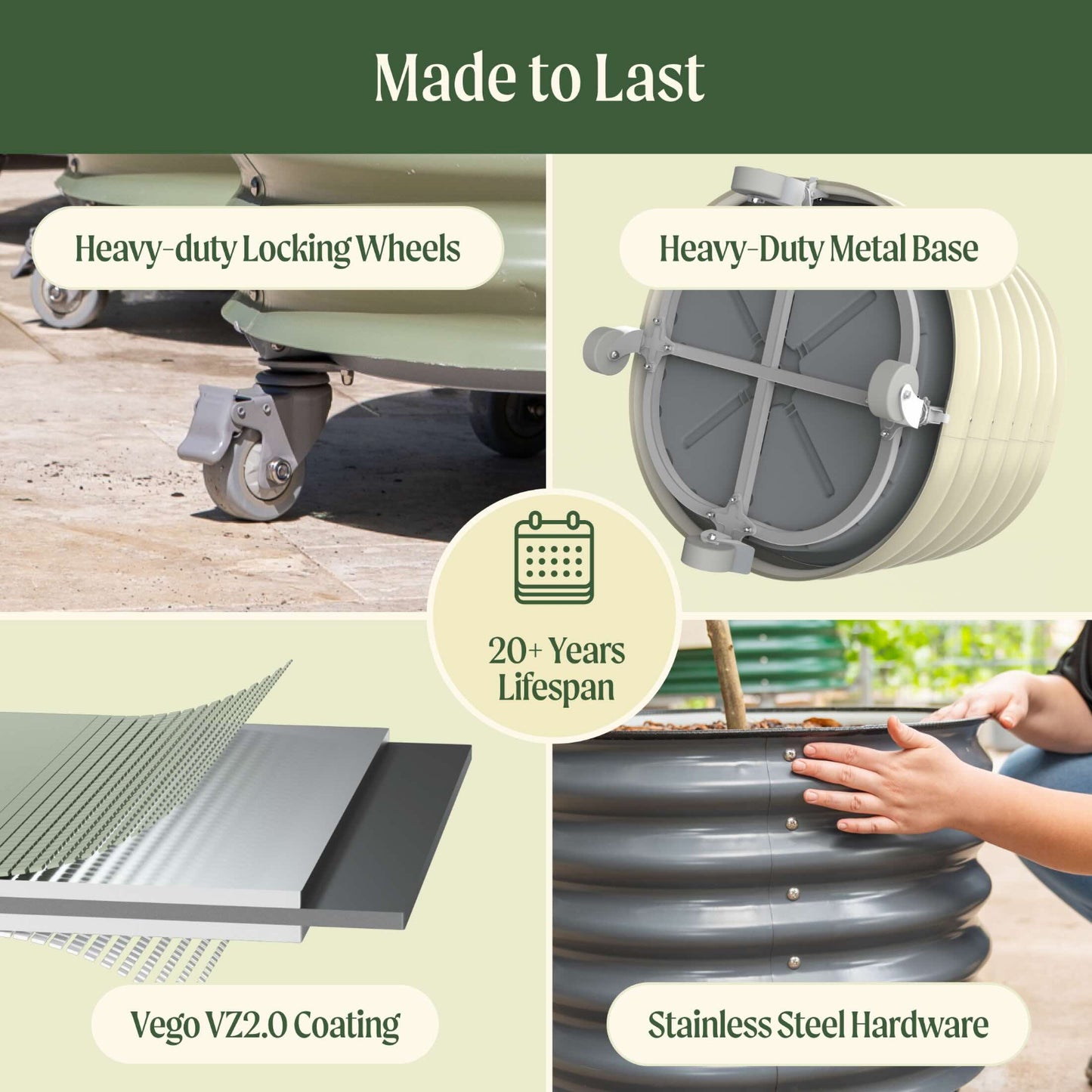 Product features with text highlighting durability and quality, including heavy-duty locking wheels, heavy-duty metal base, Vego VZ2.0 coating, stainless steel hardware, and a 20 plus year lifespan. 