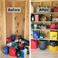 Before and after comparison showing bottles, cans and yard tools on the floor inside an unfinished shed versus the after showing all of the items neatly organized on the stud-mounted shed shelf bracket kit with boards for shelves.