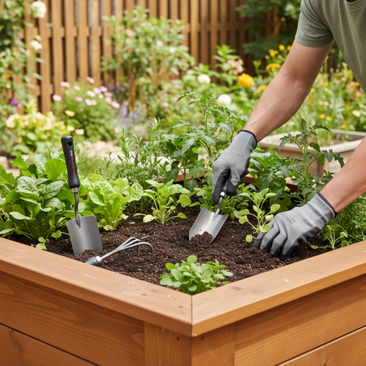 Person using hand gardening tools in raised bed