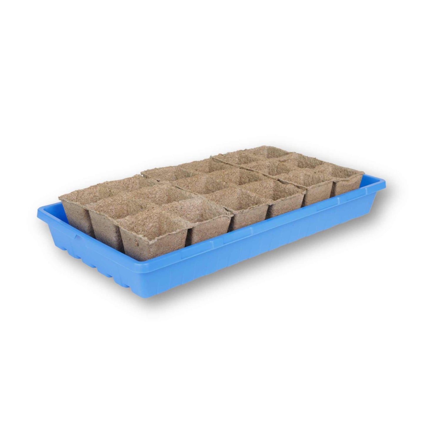 three 6 cell cowpots, biodegradable seed starting trays in blue 1020 tray. 