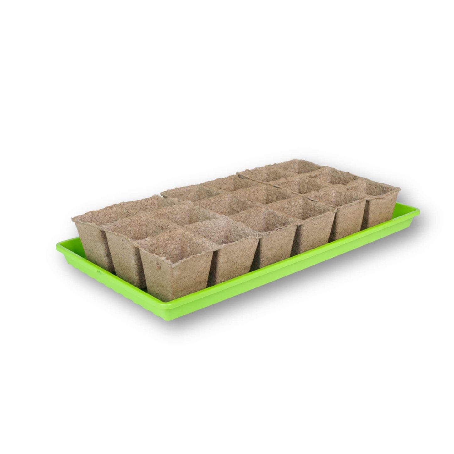 biodegradable cowpots, seed starting pots on a green seed starting 1020 tray against a white background