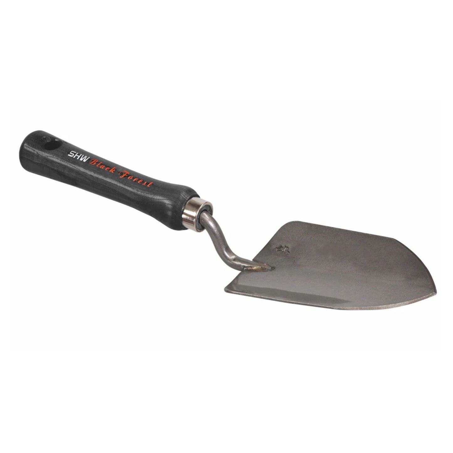 Metal trowel with black handle on a white background