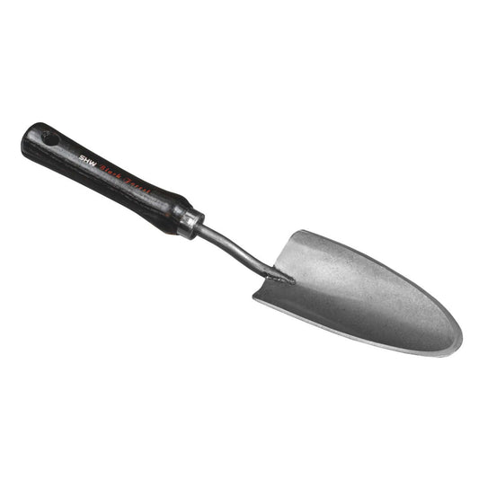 Gardening trowel with black handle on a white background