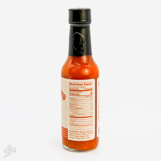 Bottle of Smoked Mango Habanero Hot Sauce on a white background with the nutrition facts label