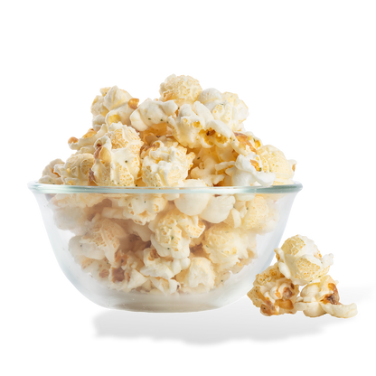 Sour Cream & Onion Popcorn popped in a bowl on a white background