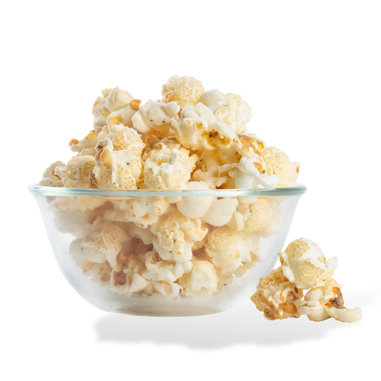 Sour Cream & Onion Popcorn popped in a bowl on a white background